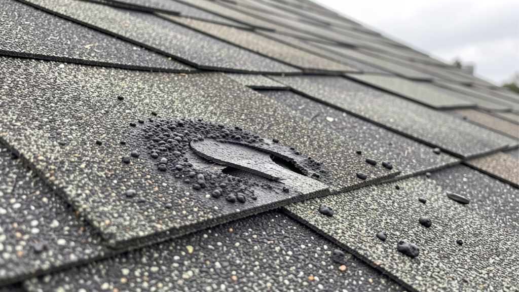 Hail damage on an asphalt shingle roof in Tulsa OK: impact bruises and granule loss
