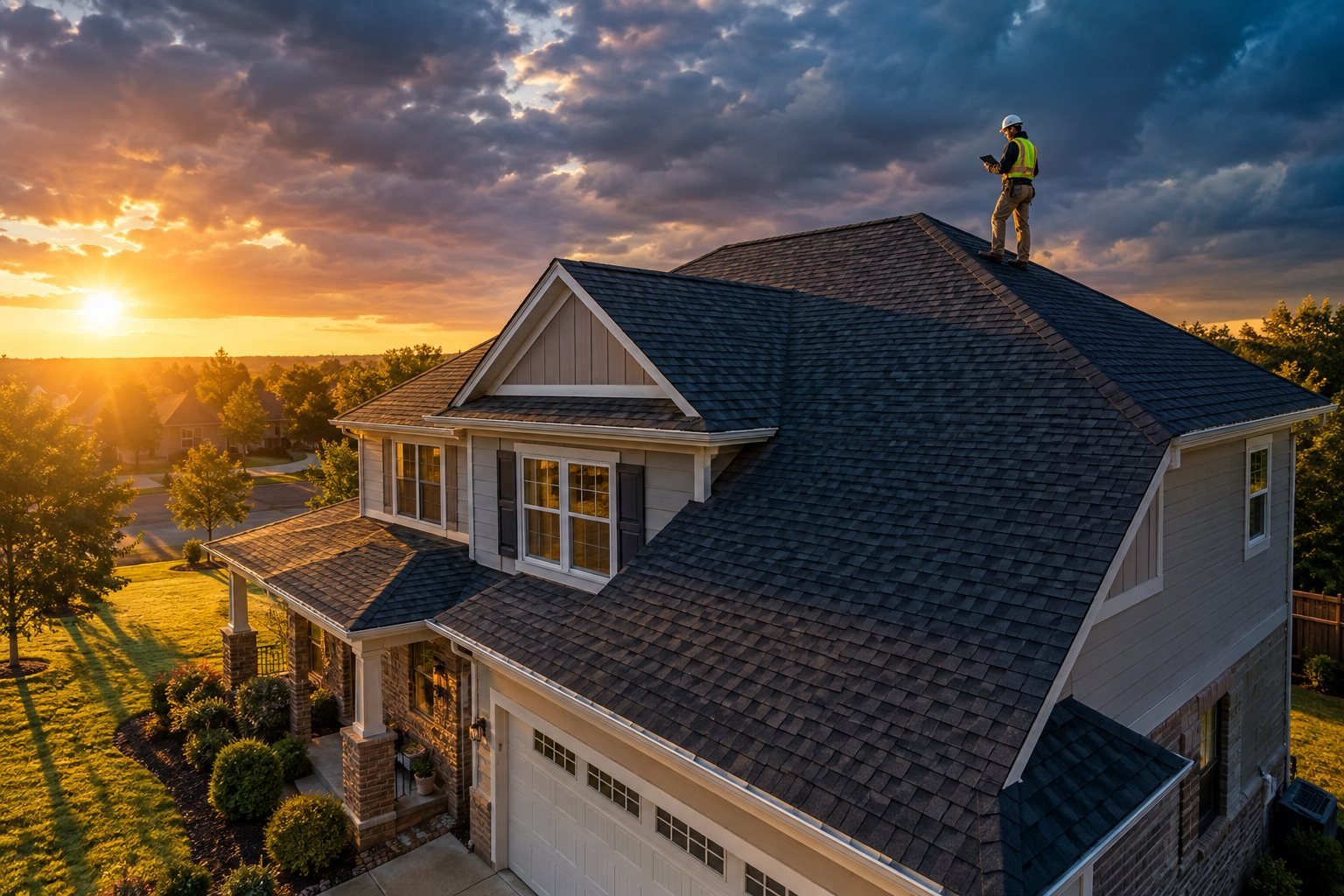Licensed roofing contractor inspecting the shingle roof of a suburban home at sunset