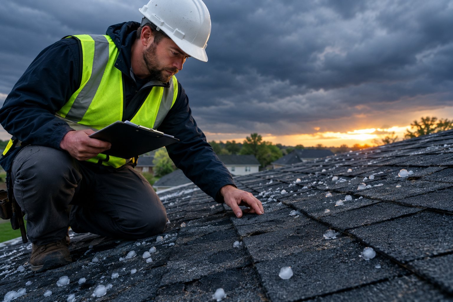 Roofing contractor kneeling on an asphalt shingle roof examining hail damage with a clipboard