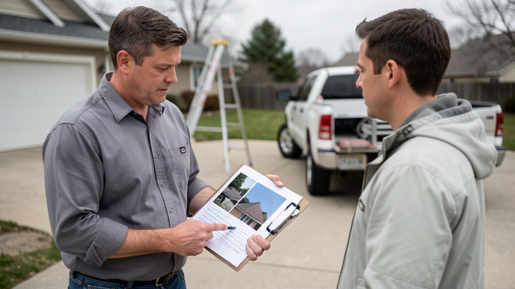 Homeowner reviewing a written roofing estimate with a Tulsa roofing contractor before signing
